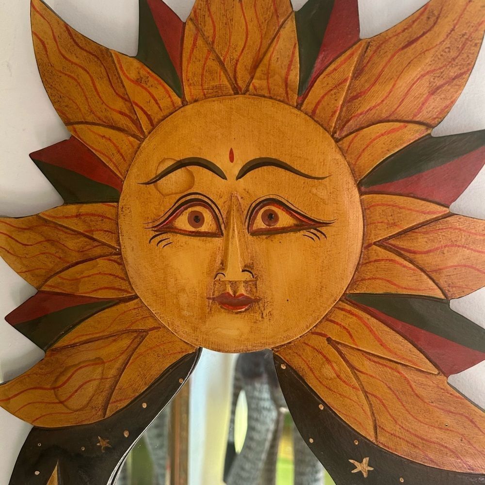 Vintage Sun & Moon Celestial Wooden Mirror with Stars Handpainted 23"X11.5"